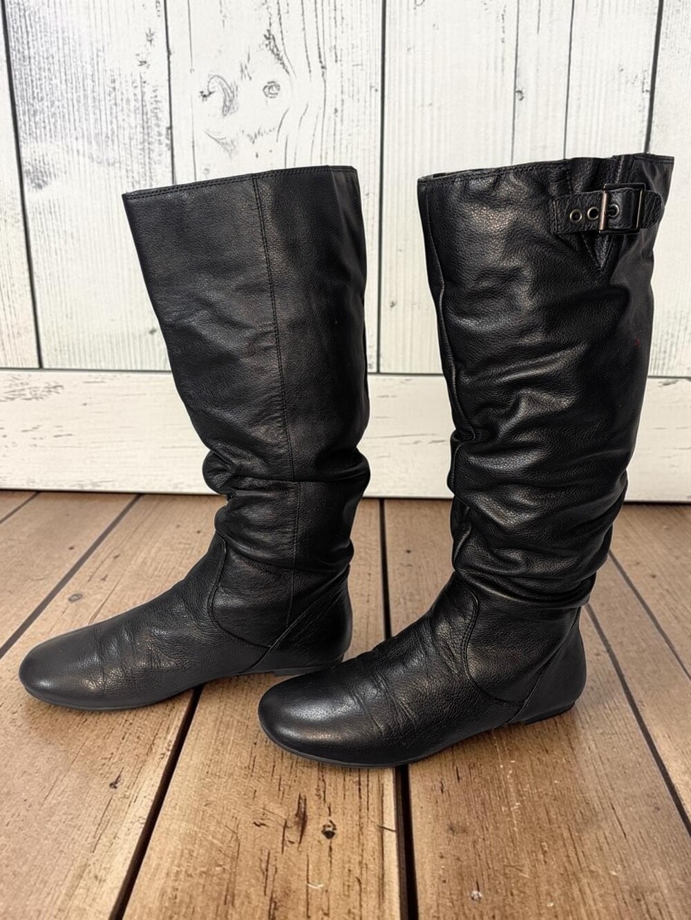 GIANNI BINI | Black Leather Slouch Knee High Riding Boots Buckle 9M
